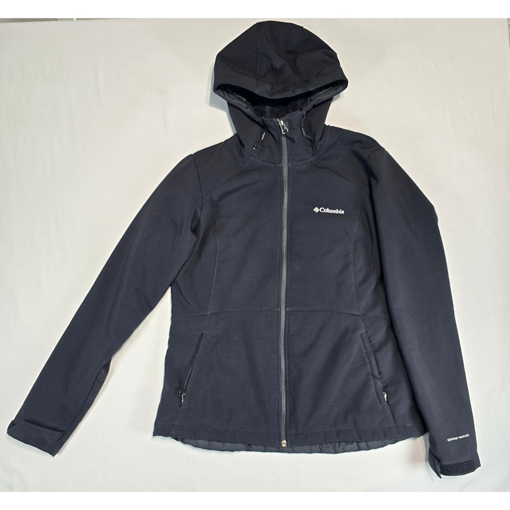 Columbia Womens Omni-Wind‎ Block Softshell Jacket Black Hooded Fleece Lined L